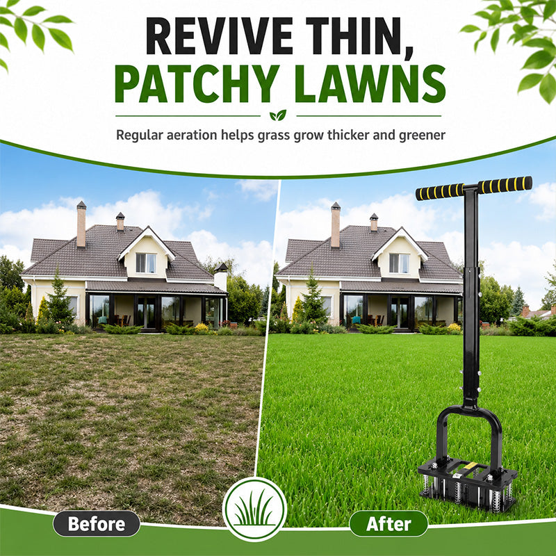 KingTool Heavy Duty Manual Lawn Aerator with 15 Spikes & Auto-Clean Springs