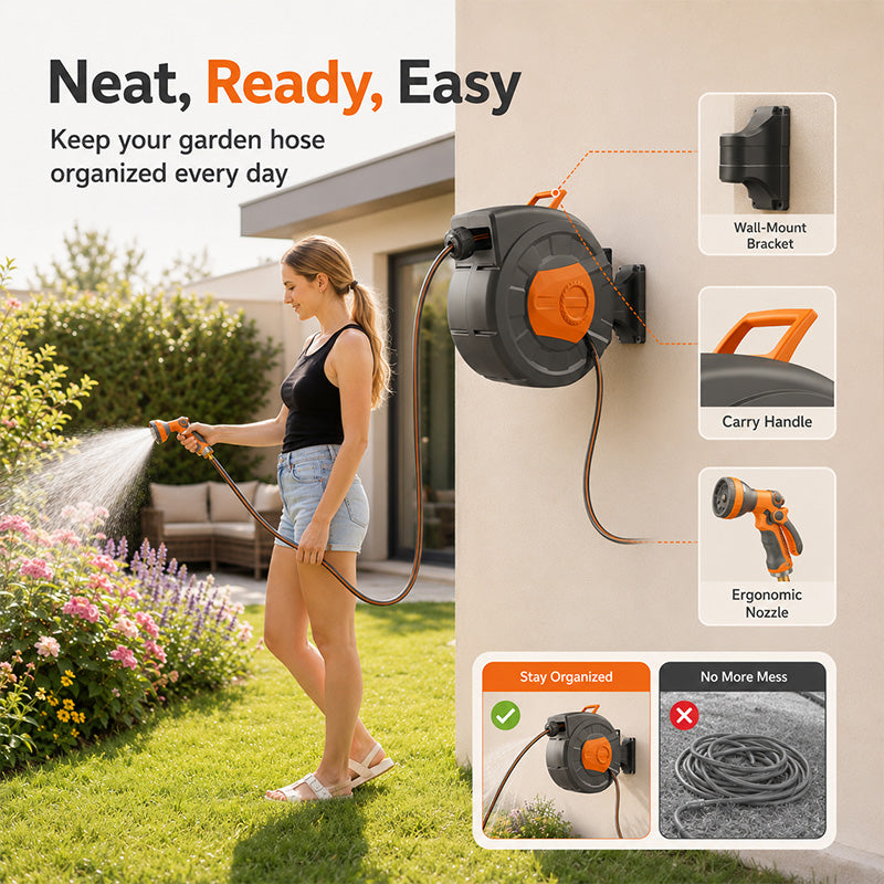 100 FT Retractable Garden Hose Reel with 10-Pattern Nozzle & 180° Swivel