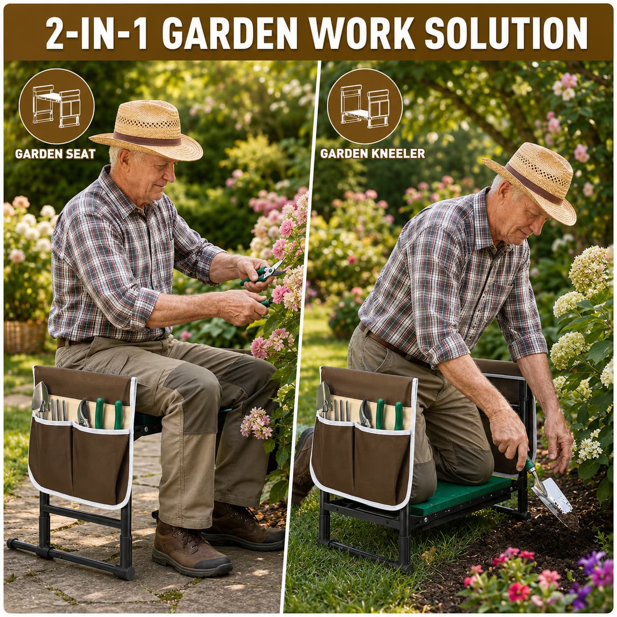 Garden Kneeler and Seat, 2-in-1 Folding Bench with Tool Pouches