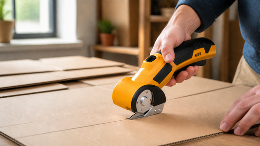 Cordless electric scissors cutting a flattened cardboard box