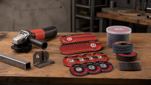 Cut-off wheels, grinding wheels and flap discs arranged beside an angle grinder