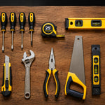 Some common household tools are neatly arranged on the wooden table