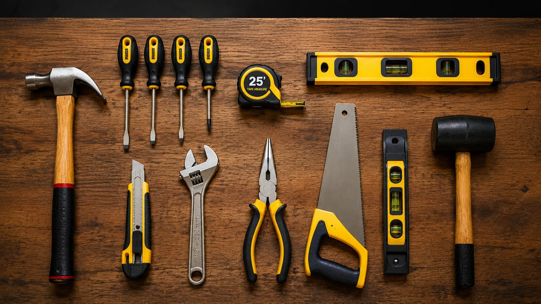 Some common household tools are neatly arranged on the wooden table