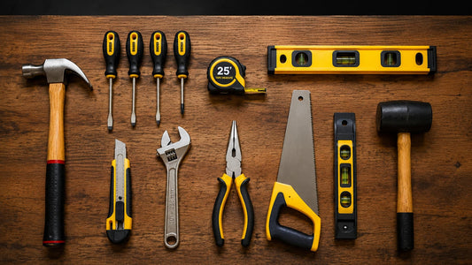 Some common household tools are neatly arranged on the wooden table