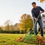 Homeowner using a KingTool adjustable leaf rake on an autumn lawn