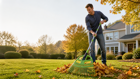 Homeowner using a KingTool adjustable leaf rake on an autumn lawn