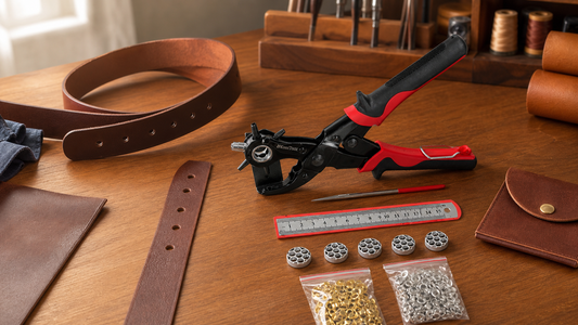 Leather hole punch and grommet tool kit on a home leathercraft workbench