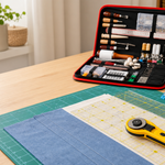 KingTool rotary cutter, quilting ruler and fabric on a green cutting mat