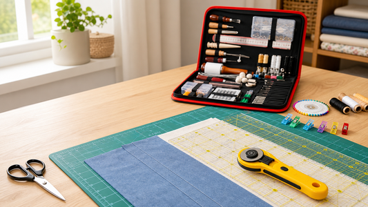 KingTool rotary cutter, quilting ruler and fabric on a green cutting mat
