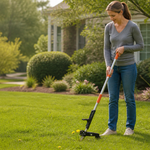 Homeowner removing dandelions without bending over using a long handled weed puller