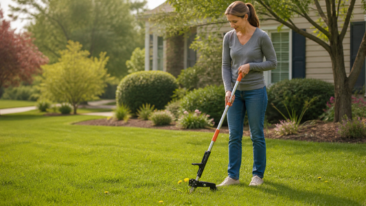 Homeowner removing dandelions without bending over using a long handled weed puller