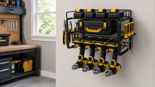 Wall-mounted cordless drill organizer in a clean small garage