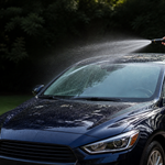 Homeowner washing a car with an adjustable garden hose nozzle