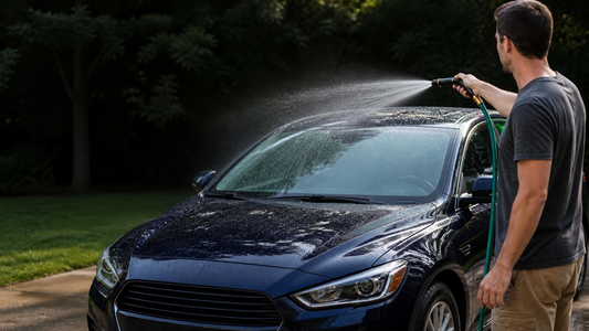 Homeowner washing a car with an adjustable garden hose nozzle