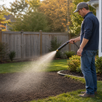 Homeowner gently watering new grass seed with an adjustable hose nozzle and retractable hose reel