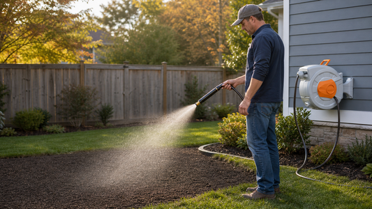 Homeowner gently watering new grass seed with an adjustable hose nozzle and retractable hose reel