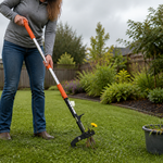 Homeowner using a standing weed puller on a moist lawn after light rain