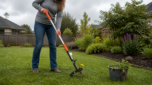 Homeowner using a standing weed puller on a moist lawn after light rain