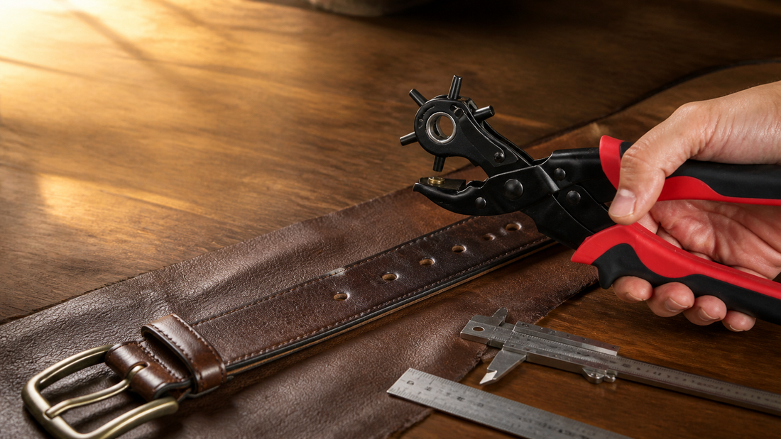 KingTool rotary leather hole punch with a brown leather belt