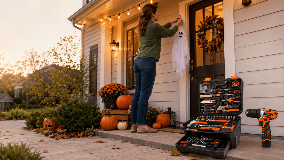 Homeowner hanging Halloween decorations without damaging a house using a KingTool 255-piece tool kit