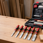 KingTool woodworking set with six wood chisel sizes on a workbench