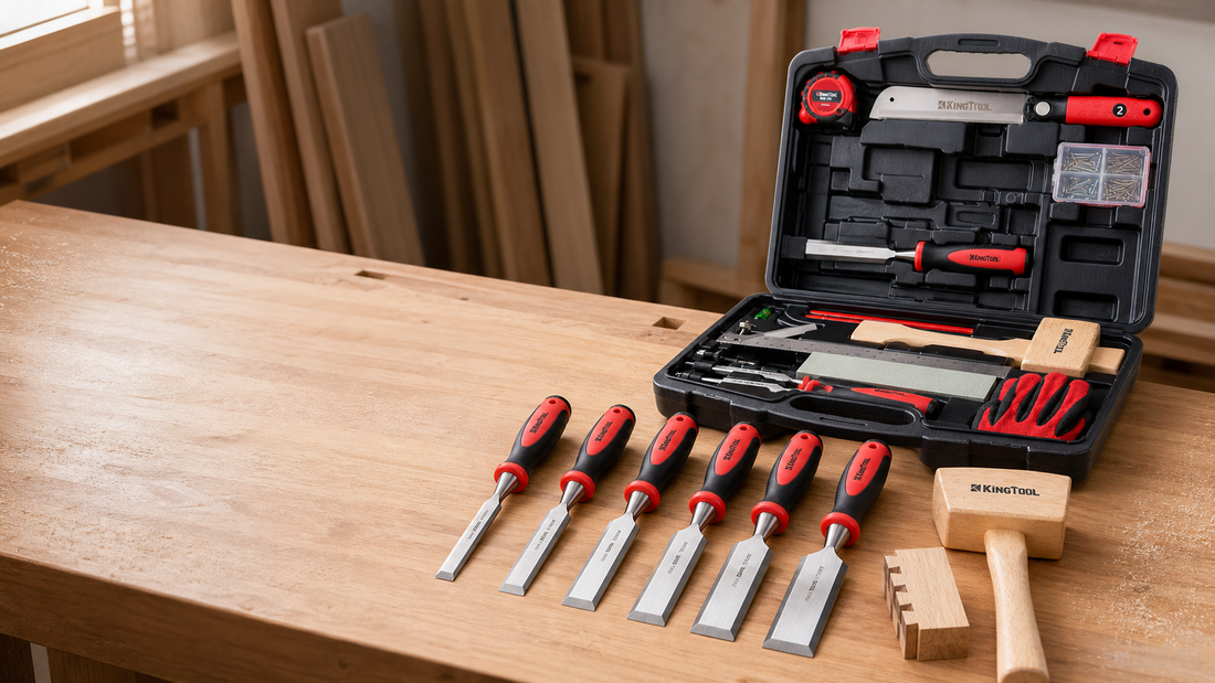 KingTool woodworking set with six wood chisel sizes on a workbench