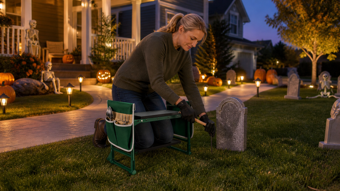 Woman using a green garden kneeler to install Halloween tombstone decorations in a lit front yard