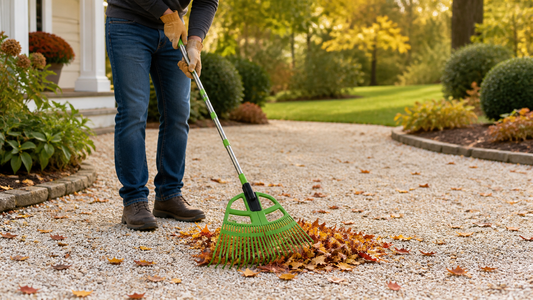 Homeowner raking dry autumn leaves from a gravel path without moving the rocks