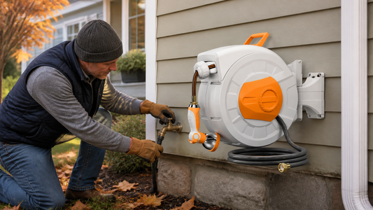 Homeowner winterizing a wall-mounted retractable hose reel before freezing weather