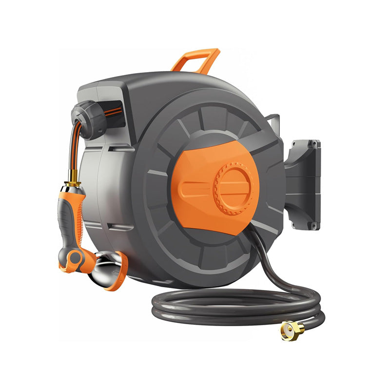 100 FT Retractable Garden Hose Reel with 10-Pattern Nozzle & 180° Swivel