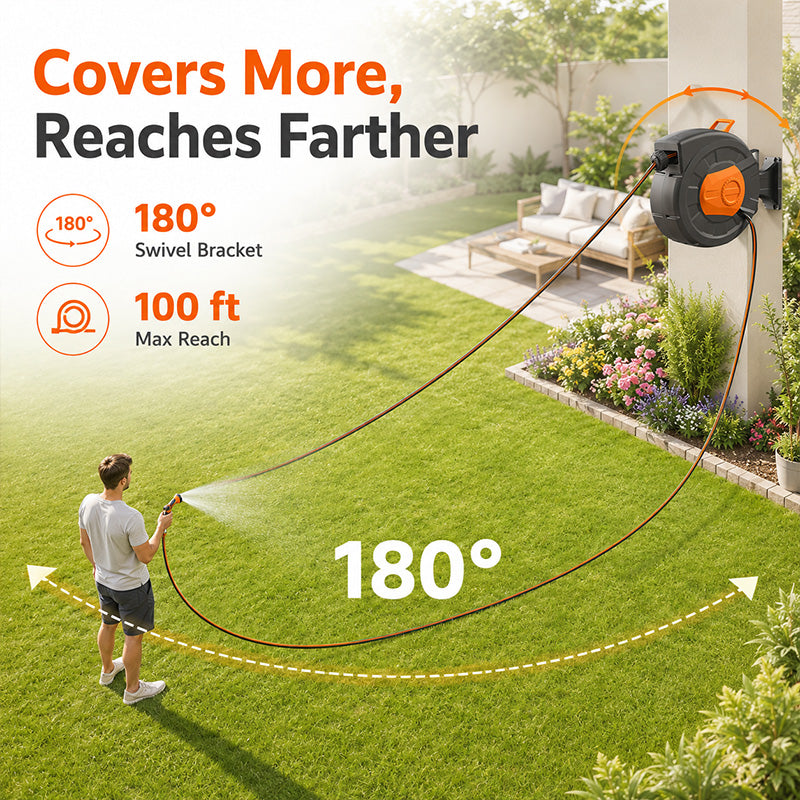 100 FT Retractable Garden Hose Reel with 10-Pattern Nozzle & 180° Swivel