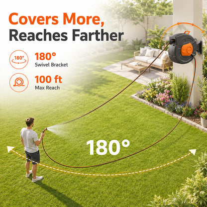 100 FT Retractable Garden Hose Reel with 10-Pattern Nozzle & 180° Swivel