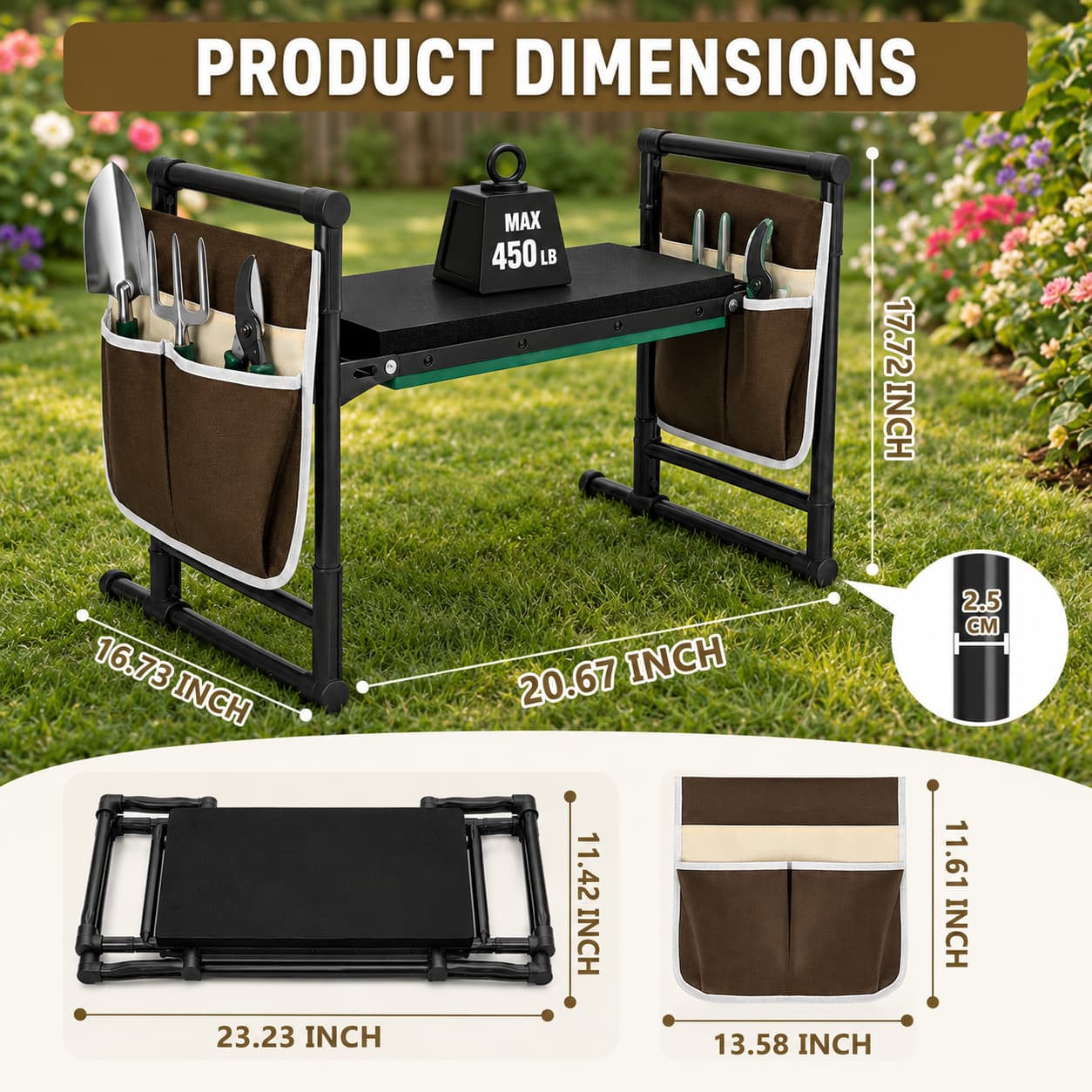 Garden Kneeler and Seat, 2-in-1 Folding Bench with Tool Pouches
