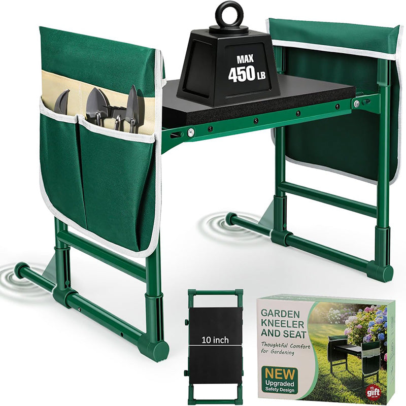 Green Garden Kneeler and Seat, 2-in-1 Folding Garden Bench with Tool Pouches