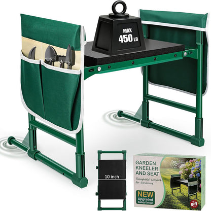 Green Garden Kneeler and Seat, 2-in-1 Folding Garden Bench with Tool Pouches