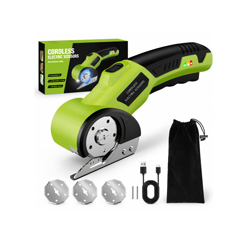 KingTool 4V Cordless Electric Scissors with Safety Lock & LED Light – Rechargeable Rotary Cutter for Cardboard, Fabric & Carpet (Green)