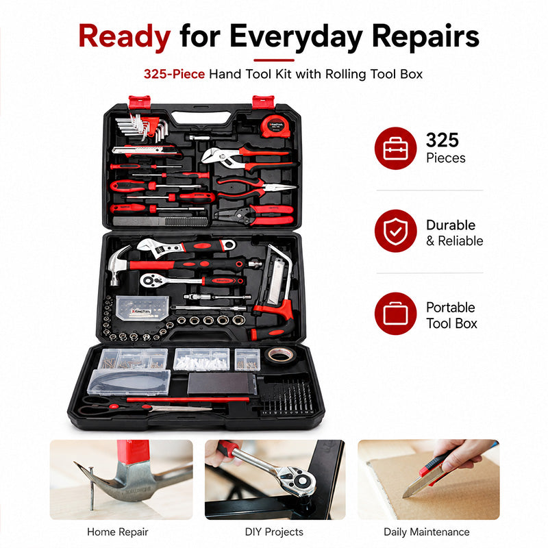 KingTool 325 PCS Home Tool Kit with 3 Layer Storage Case