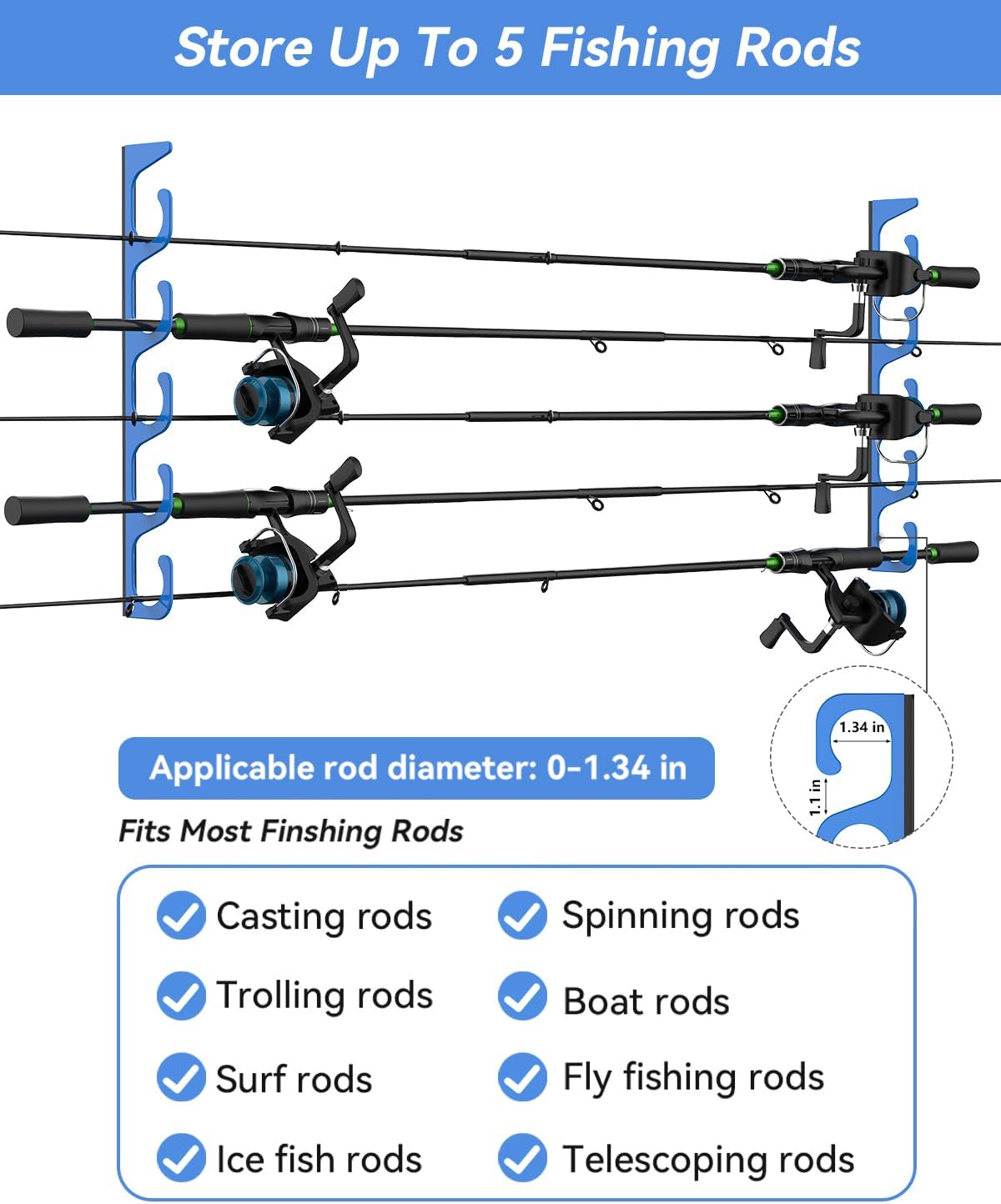 5-Rod Fishing Rod Holder for Wall & Garage Ceiling Storage
