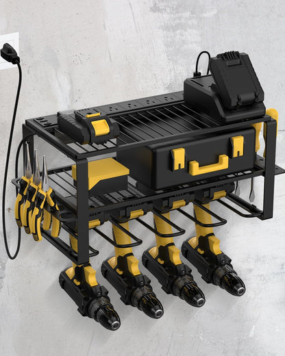 3-Tier Wall-Mount Power Tool Organizer with 6-Outlet Charging Station
