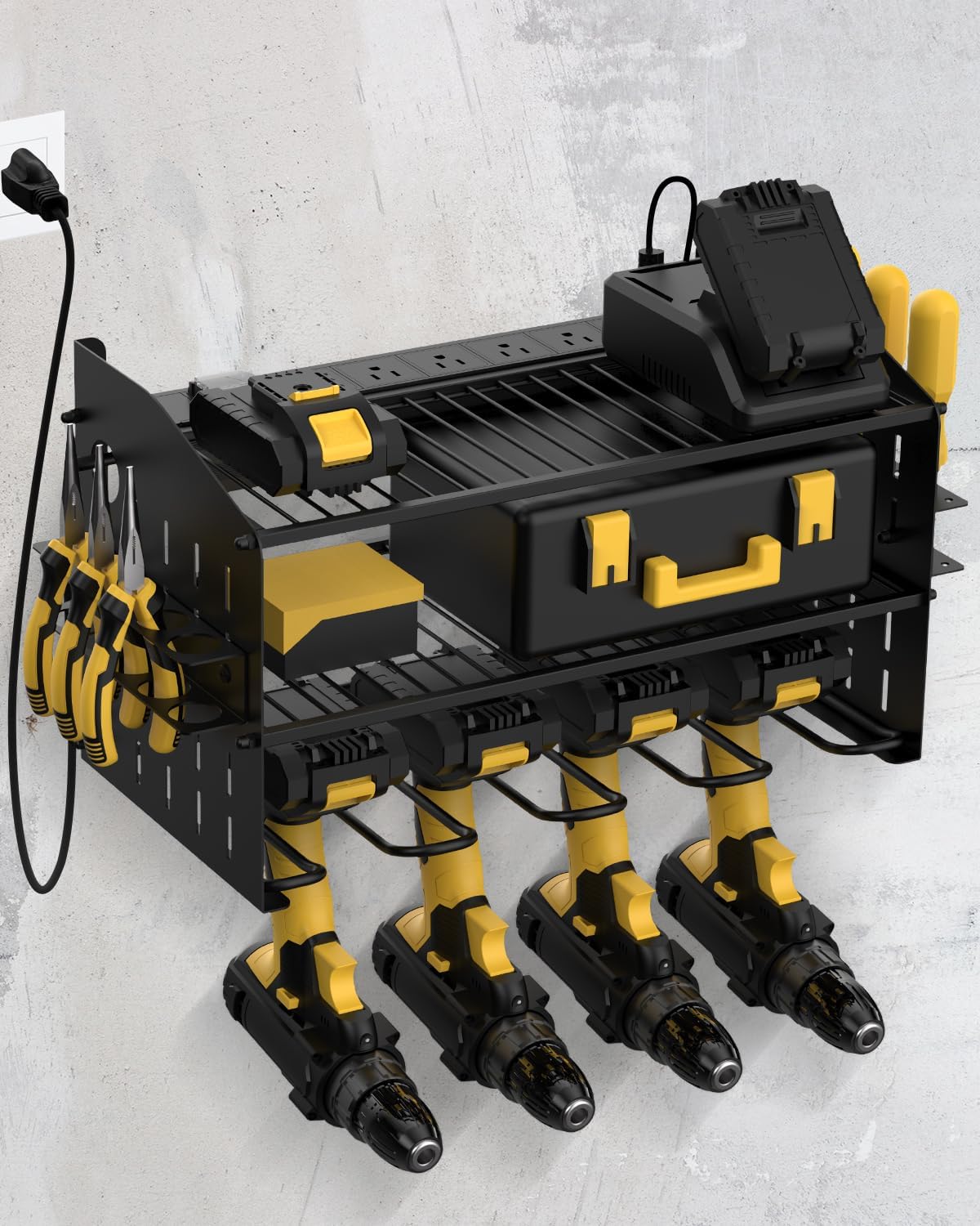 3-Tier Wall-Mount Power Tool Organizer with 6-Outlet Charging Station
