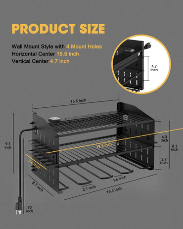 3-Tier Wall-Mount Power Tool Organizer with 6-Outlet Charging Station