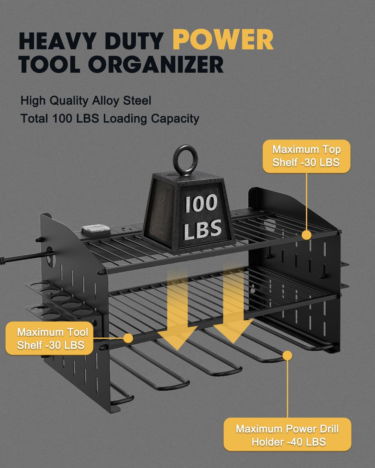 3-Tier Wall-Mount Power Tool Organizer with 6-Outlet Charging Station