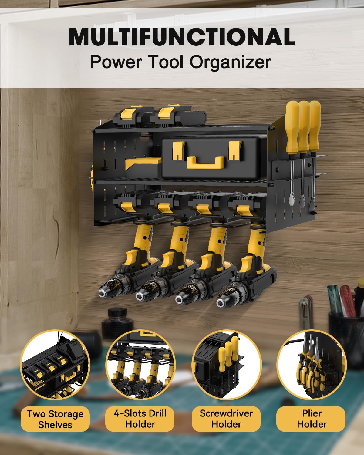 3-Tier Wall-Mount Power Tool Organizer with 6-Outlet Charging Station