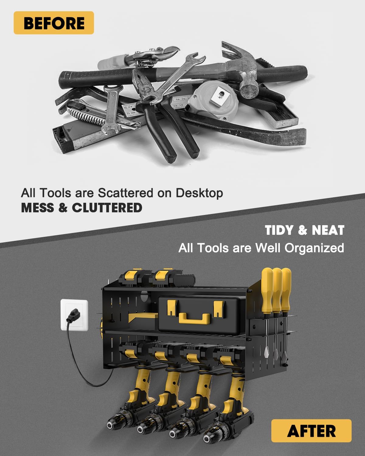 3-Tier Wall-Mount Power Tool Organizer with 6-Outlet Charging Station