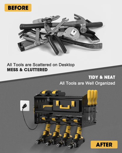3-Tier Wall-Mount Power Tool Organizer with 6-Outlet Charging Station
