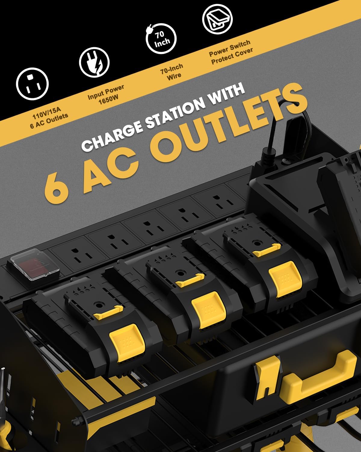 3-Tier Wall-Mount Power Tool Organizer with 6-Outlet Charging Station
