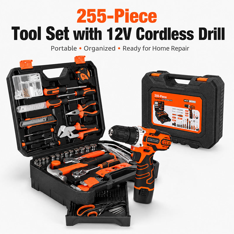 KingTool 255 PCS Home Tool Kit with 12V Drill Storage Case