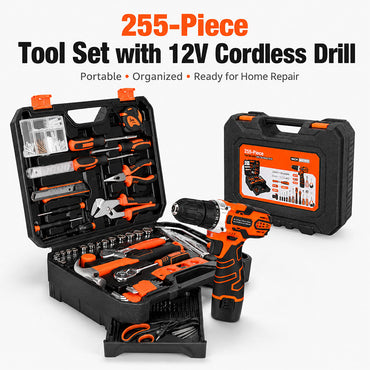 KingTool 255 PCS Home Tool Kit with 12V Drill Storage Case