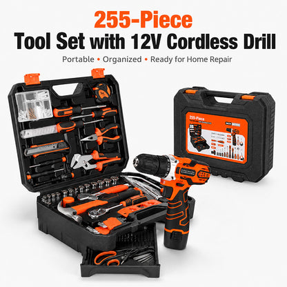 KingTool 255 PCS Home Tool Kit with 12V Drill Storage Case