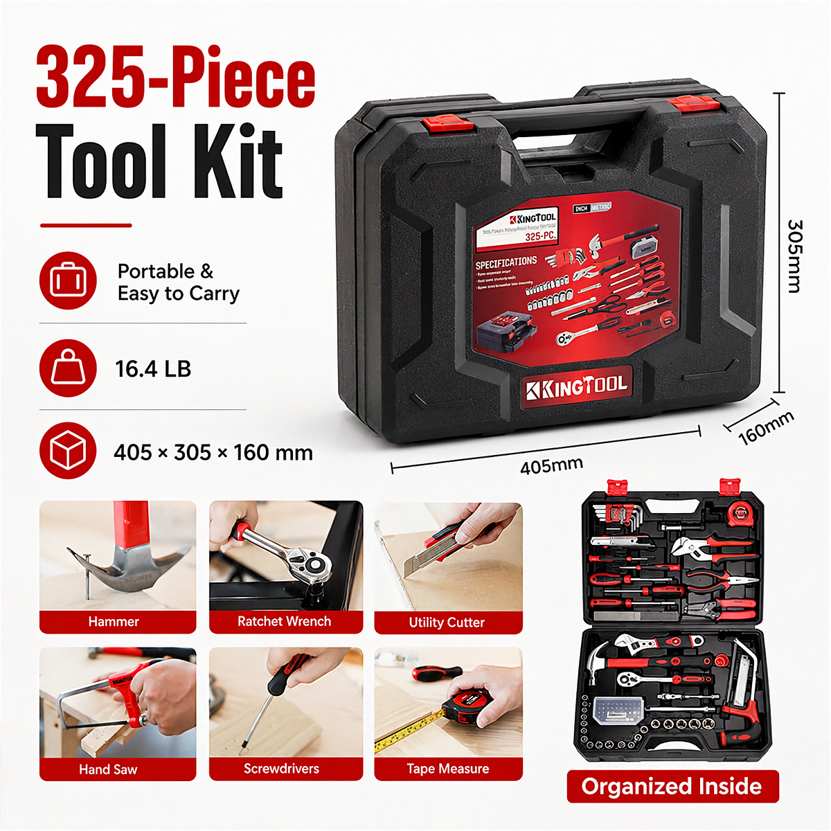 KingTool 325 PCS Home Tool Kit with 3 Layer Storage Case